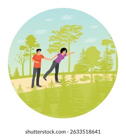 A couple exploring nature, enjoying outdoor activities together with a cheerful woman leading amidst green trees and clear sky. Couples walking together concept.