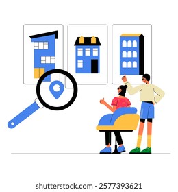 Couple Exploring Property Options With Magnifying Glass In Flat Vector Illustration Symbolizing Home Search, Real Estate Decisions, And Property Buying, Isolated On White Background
