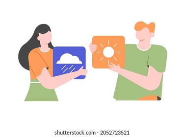 The couple expresses feelings about their mood. A man with a sun icon, a woman with a cloud icon. Funny and sad characters. Caring for mental health. Vector flat illustration.