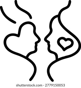 Couple expressing affection, romantic union, soulmates connection, intimacy concept, abstract outline.