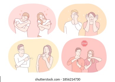 Couple expressing different emotions and signs with hands concept. Young couple cartoon characters showing embracing, care, stop sign, covering face and eyes with hands, pointing at each other 