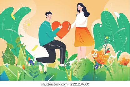 A couple expressing love by sending hearts to each other on Valentine's Day with many plants around, vector illustration