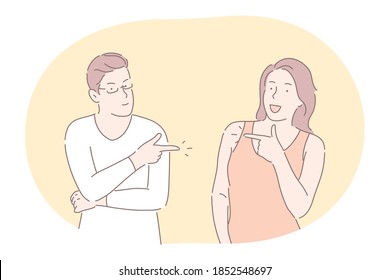 Couple expressing positive dispute and relationship concept. Young couple cartoon characters standing, smiling and pointing at each other with forefingers expressing communication meaning with hands