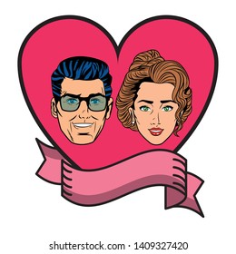 couple face in a heart with ribbon avatar cartoon character pop art background vector illustration graphic design