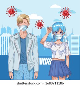 couple with face masks and covid19 particles on the city vector illustration design