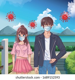 couple with face masks and covid19 particles on the park vector illustration design