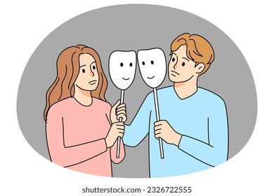 Couple with face masks involved in fake relationships. Man and woman hide feelings of real relations. Artificial emotions concept. Vector illustration.