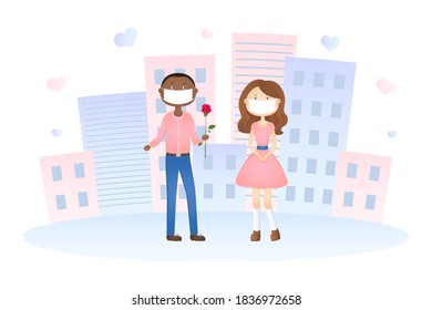 Couple in face masks on date. Vector illustration.