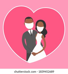 Pareja con mascarillas. Tarjeta de matrimonio. Ilustración vectorial.