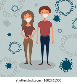 Couple with face medical masks surrounded with coronavirus. Flat illustration of a man and woman with sanitizer in hands standing on blue background
