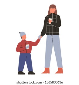 Couple of faceless characters wearing warm outfit. Walking mother and son in winter clothes. Outdoor walk in winter season. Concept of family. Flat vector illustration