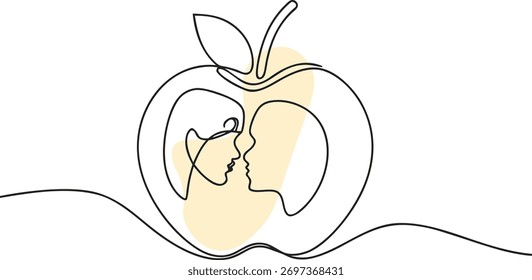 Couple faces inside apple outline fruit love