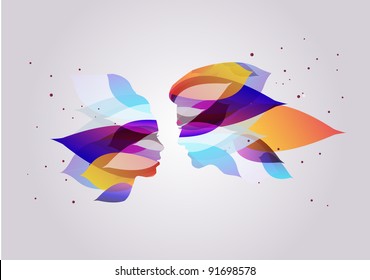 Couple faces kissing with flowers