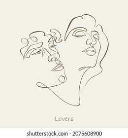 Couple faces. One line drawing. Continuous line. Sensual love