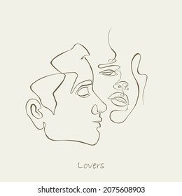 Caras de pareja. Dibujo de una línea. Línea continua. Amor sensual