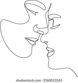 Couple Faces One Line Drawing. Couple Kissing Creative Contemporary Abstract Line Drawing. Woman and Man Modern Vector Minimalist Design for Wall Art, Print, Card, Poster.
