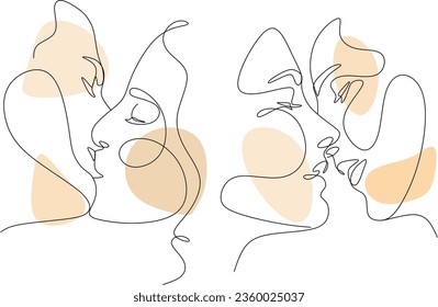 Couple Faces One Line Drawing. Couple Kissing Creative Contemporary Abstract Line Drawing. Woman and Man Modern Vector Minimalist Design for Wall Art, Print, Card, Poster.