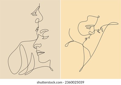 Pareja Cara Un Dibujo De Línea. Dibujo de línea de resumen contemporáneo creativo de besar en pareja. Diseño minimalista de vectores modernos para arte en pared, impresión, tarjeta, afiche.