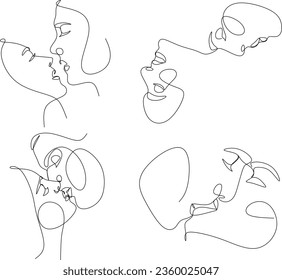 Couple Faces One Line Drawing. Couple Kissing Creative Contemporary Abstract Line Drawing. Woman and Man Modern Vector Minimalist Design for Wall Art, Print, Card, Poster.