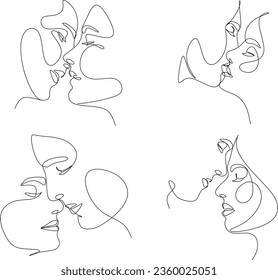 Pareja Cara Un Dibujo De Línea. Dibujo de línea de resumen contemporáneo creativo de besar en pareja. Diseño minimalista de vectores modernos para arte en pared, impresión, tarjeta, afiche.