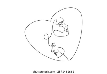 Couple Faces One Line Drawing. Couple Kissing Creative Contemporary Abstract Line Drawing. Couple Trendy One Line Drawing. Single Line Couple Illustration. Minimalistic Black Lines Drawing.