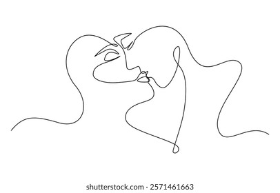 Couple Faces One Line Drawing. Couple Kissing Creative Contemporary Abstract Line Drawing. Couple Trendy One Line Drawing. Single Line Couple Illustration. Minimalistic Black Lines Drawing.