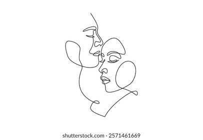 Couple Faces One Line Drawing. Couple Kissing Creative Contemporary Abstract Line Drawing. Couple Trendy One Line Drawing. Single Line Couple Illustration. Minimalistic Black Lines Drawing.