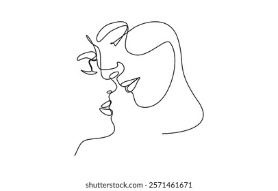 Couple Faces One Line Drawing. Couple Kissing Creative Contemporary Abstract Line Drawing. Couple Trendy One Line Drawing. Single Line Couple Illustration. Minimalistic Black Lines Drawing.