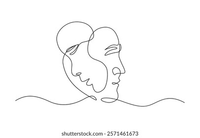 Couple Faces One Line Drawing. Couple Kissing Creative Contemporary Abstract Line Drawing. Couple Trendy One Line Drawing. Single Line Couple Illustration. Minimalistic Black Lines Drawing.