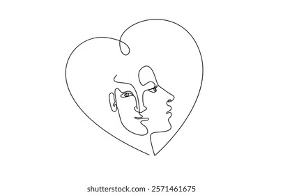 Couple Faces One Line Drawing. Couple Kissing Creative Contemporary Abstract Line Drawing. Couple Trendy One Line Drawing. Single Line Couple Illustration. Minimalistic Black Lines Drawing.