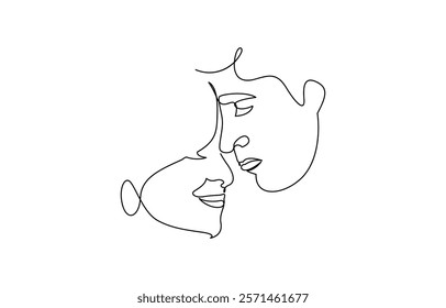 Couple Faces One Line Drawing. Couple Kissing Creative Contemporary Abstract Line Drawing. Couple Trendy One Line Drawing. Single Line Couple Illustration. Minimalistic Black Lines Drawing.