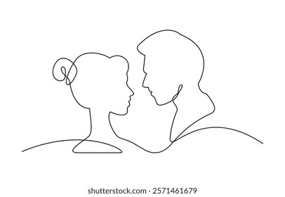 Couple Faces One Line Drawing. Couple Kissing Creative Contemporary Abstract Line Drawing. Couple Trendy One Line Drawing. Single Line Couple Illustration. Minimalistic Black Lines Drawing.