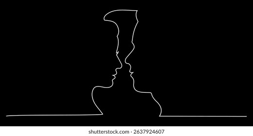 Couple Faces One Line Drawing. Couple Kissing Creative Contemporary Abstract white Line Drawing On black background.