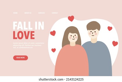 Couple fall in love landing page template. Happy loving Man and woman looking to each other with love and tenderness. Relationship, romantic dating, Valentines day concept. Flat Vector illustration.