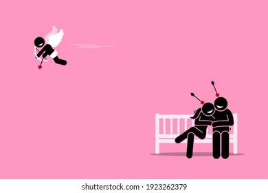 Couple falling in love after struck by cupid angel love arrow. Vector illustration concept of romance, lover, dating, relationship, and valentine. 