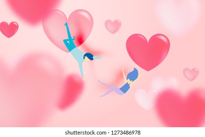 Couple falling in love with a lot of heart background and romantic pastel color vector illustration