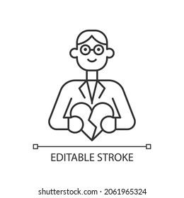 Couple and family counsellor linear icon. Marriage therapy. Mental health in romantic relations. Thin line customizable illustration. Contour symbol. Vector isolated outline drawing. Editable stroke