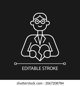 Couple and family counsellor white linear icon for dark theme. Mental health issues in relations. Thin line customizable illustration. Isolated vector contour symbol for night mode. Editable stroke