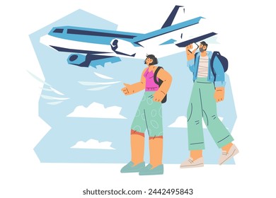 Pareja y familia vuelo de viaje de vacaciones banner de fondo, ilustración vectorial plana aislado en blanco. Viajeros felices contra el cielo con un avión volador.