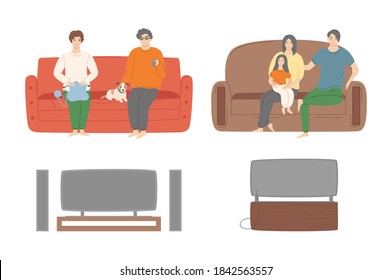 Couple and family people watching tv set vector, female knitting and male sitting with dog looking at screen of television, movies film, mother and father