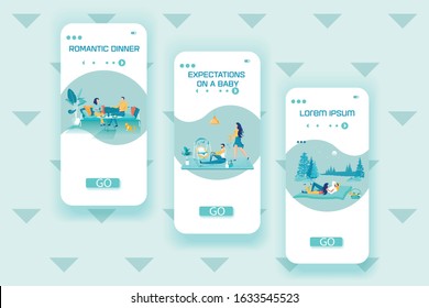 Couple Family Planning Webpage Set. Mobile Screens Bundle with Man and Woman Having Romantic Dinner at Home and Picnic on Nature, Expecting Baby and Preparing for Childbirth. Vector Illustration