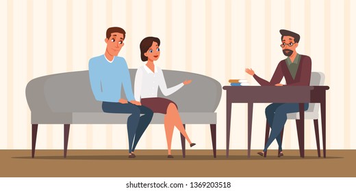 Couple at family psychologist flat illustration. Mother and father talking with school principal. Psychotherapy, psychology, psychiatry. Wife and husband at psychotherapist appointment cartoon drawing