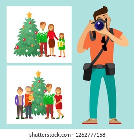 Couple family standing by Christmas tree photo vector. Mother and father, grandmother and grandfather evergreen pine photoshoot photographer with camera