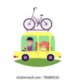 Couple, family travelling by car with bicycle fastened on top, cartoon vector illustration isolated on white background. Happy smiling couple, family on a car trip with bicycle mounted on top, roof
