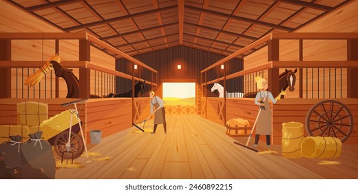 Un par de campesinos están en un pasillo de granero con puestos y puertas, rodeados de cobertizos de madera para vacas y caballos y pilas de heno, en una Ilustración vectorial de caricaturas.