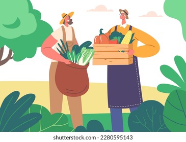 Couple Of Farmer Characters Standing In A Lush Field with Crop of Fresh Greens and Vegetable in Hands. Hard Work Concept