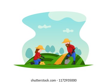 Couple Farmer plant seeds on field together. field nurseries. country rural agriculture flat cartoon illustration vector