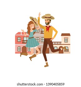 couple farmers dancing with background houses