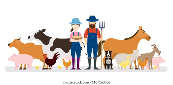 Couple of Farmers and Dog with Farm Animals, Farming, Farmland, Agriculture Product