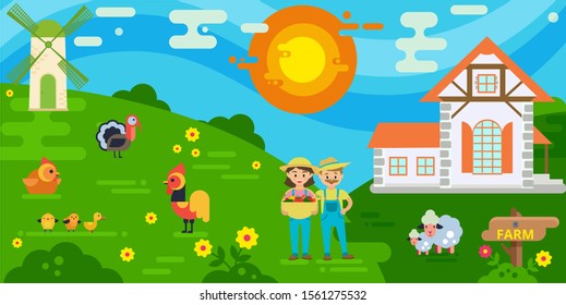 Couple of farmers with harvest cartoon flat style vector illustration. Woman holding basket with fresh vegetables. Farmers house, mill, sheeps, cock and chicken, turkey.